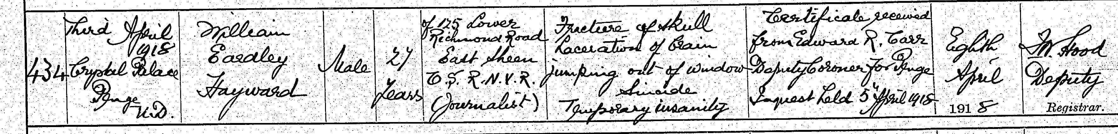 William Hayward death cert